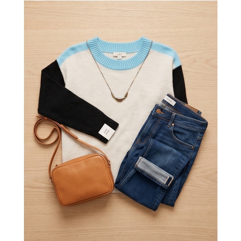 LOFT S Colorblock‎ Knit Sweater Crew Neck Long Sleeve Cream Blue Black Women's - Picture 10 of 11